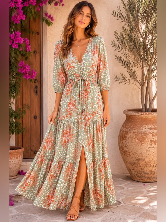 Abel The Label Dresses & Skirts - Abel The Label Floral Maxi Dress Medium Green Boho Tiered Rayon V Neck